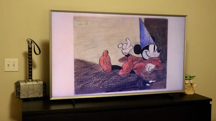 An illustration of Sorcerer Mickey on Samsung’s The Frame Disney100 Edition TV.